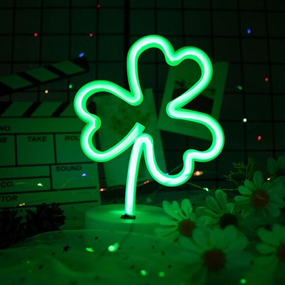 LED Neon Signs Lights Green Clover Shaped Neon Night Light USB & Battery Powered - Picture 8 of 9